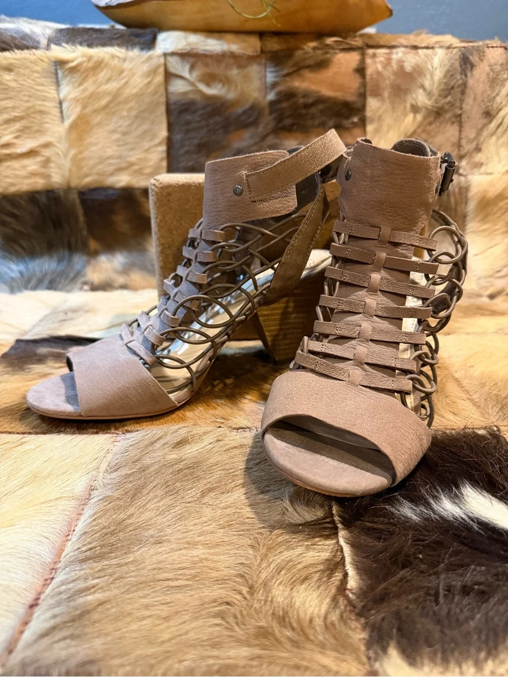 Vince Camuto Taupe Lace-Up Caged Open-Toe Heels